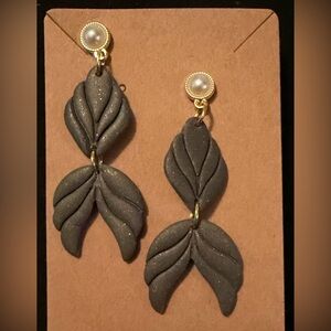 Elegant Black Leaf Drop Handmade Polymer Clay Earrings
